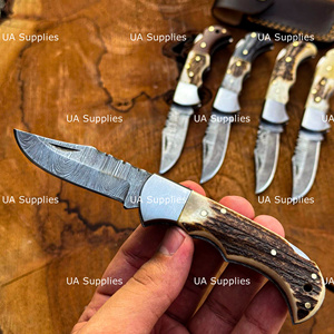 Cuchillo Plegable de Bolsillo de Acero de Damasco Hecho a Mano con Hoja de Punta Caída de 0.5mm de Grosor, Grado Industrial, con Bloqueo Trasero de Cuerno de Ciervo, EDC, Marca Privada, OEM - Product Image 4