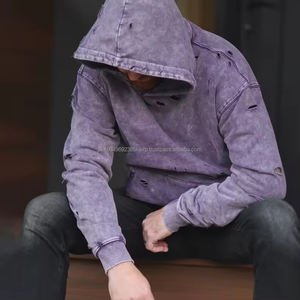 Custom unisex faded acid washed distressed hoodie oversized drop shoulder french terry fleece vintage acid wash <b>crop</b> <b>top</b> hoodies - Product Image 1