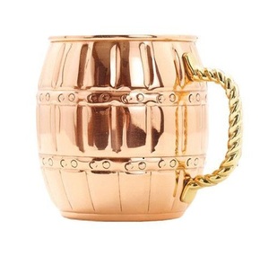Minimalist Pure <b>Copper</b> Mug Barrel Moscow Mule Glass Embossed Drinking <b>Cup</b> Ribbed Wood Keg Stein Twisted Brass Handle - Product Image 3