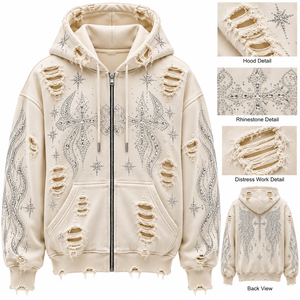 Sudadera con Capucha de Alta Calidad con Pedrería Multicolor, Combinación de Colores Personalizada, Sudadera Brillante, Ropa Urbana Desgastada - Product Image 2