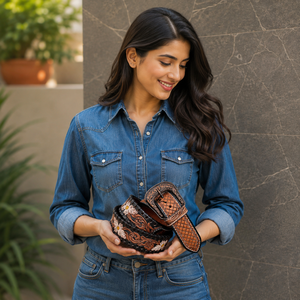 New Arrival Western Style Hand <b>Tooled</b> Carving Belts Stylish Flower Print <b>Leather</b> Belts for Unisex - Product Image 6