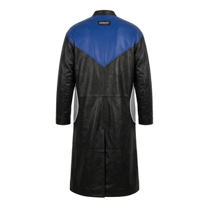 <b>Mens</b> <b>Black</b> Real Leather <b>Trench</b> <b>Coat</b> Royal Blue Chevron Yoke Grey Pocket Custom Biker Winter Overcoat Longline ODM Factory - Product Image 2