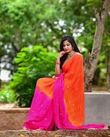 AARA Fashion Wanita Saree Sutra Tradisional Oranye Pink Bordir Panjang Hingga Lutut Pakaian Pernikahan Gaya India Pakistan Regular Fit Sun