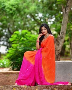 AARA Fashion - Sari Tradicional de Seda para Mujer, Color Naranja Rosado, Bordado, Largo hasta el Suelo, Estilo Indio-Pakistaní, Corte Regular, para Bodas - Product Image 5