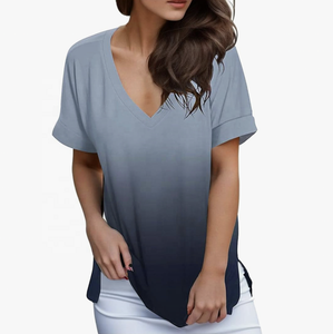 Camisetas transpirables para mujer de Pakistán, Camiseta holgada a la moda con degradado para mujer, camiseta informal con cuello en V, camiseta Chemise Homme - Product Image 5