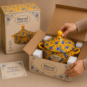 Casserole décorative en émail jaune et bleu à motifs floraux Marvel Handicrafts avec couvercle – Pot de service haut de gamme pour cuisine et table à manger - Product Image 4