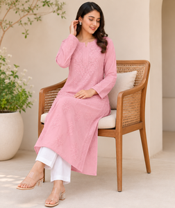 Kurta Recta de Algodón Rosa Bordada para Mujer, Ropa Étnica Elegante de Manga Larga, Compre Directamente del Proveedor - Product Image 2