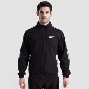 Men's Black <b>Track</b> <b>Jacket</b> with White Stripes Zipper Closure Regular Fit Elastic Waist Breathable Polyester Sportwear - Product Image 2