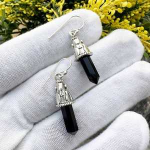 Boucles d'oreilles pendantes en argent sterling et onyx noir faites à la main, pierres précieuses naturelles, cadeau de bijoux pour femmes - Product Image 4