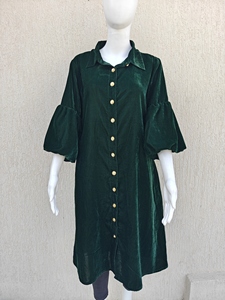 Women’s Green Velvet Dress, Short <b>Shirt</b> Puff <b>Sleeves</b> and Gold Buttons Winter Tunic <b>Shirt</b> - Product Image 6