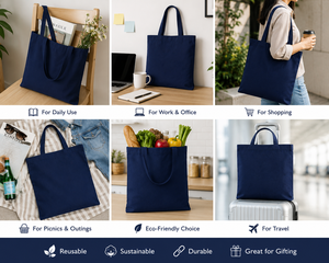 Sac fourre-tout en toile bleu marine, couleur unie, style minimaliste, sac de shopping toutes saisons - Product Image 4