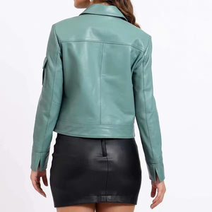 <b>Women</b> Genuine Leather Trucker <b>Jacket</b> Classic Fit Coat Button Front <b>Shirt</b> Collar Casual Fashion Outerwear Long Sleeve Soft Lining - Product Image 3