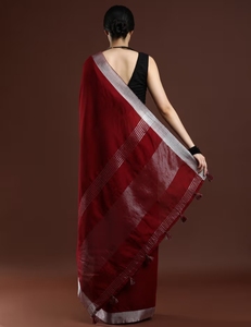 KV Women's Woven Solid Bhagalpuri Linen <b>Red</b> <b>Saree</b> With Unstitched Blouse - Product Image 3