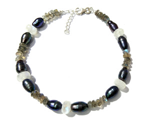 Natural Black Freshwater Pearl & Labradorite <b>Bracelet</b>, Handmade Moonstone Gemstone Jewelry, Adjustable Crystal <b>Bracelets</b> - Product Image 3
