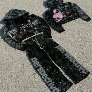 ชุดเซ็ตเสื้อฮู้ดดี้และกางเกงวอร์มประดับเพชรเทียม ลวดลายพิมพ์นูนแบบฟอกสีสไตล์วินเทจ - Product Image 2