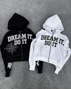 New Arrivals Winter 100% Cotton Fleece 500g Screen Printing Rhinestones Double Hood Street Style Zipper Men Hoodie <b>Sets</b> - Product Image 1