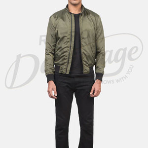 Custom Men Olive Green Bomber <b>Jacket</b> Lightweight Windproof Flight Varsity <b>Jacket</b> with Contrast Black Ribbed Cuffs and Hem - Product Image 3