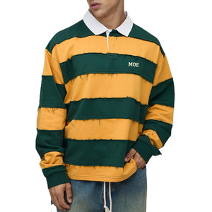 Men's shirts Distressed Rugby Collar Green Yellow Striped Long Sleeve Deconstructed Retro Streetwear <b>Hip</b> Hop Cotton Oversized - Product Image 4