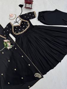 Black Embroidered Anarkali Suit Indian Pakistani Clothing Mesh <b>Top</b> Pleated Skirt Salwar Set Wedding <b>Festival</b> Wear - Product Image 6