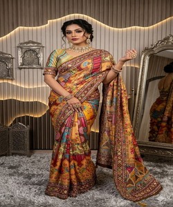 Sari en soie imprimé numérique traditionnel, chemisier non cousu, longueur au sol, séchage rapide, pour femme, idéal pour mariage et fêtes, Inde Pakistan 85371 - Product Image 1