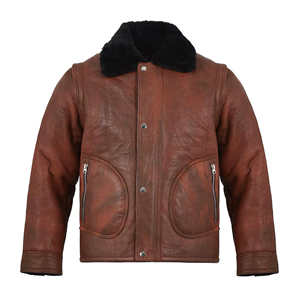 Veste en cuir marron vintage pour homme, col en fourrure noire, manteau d'hiver en peau de mouton véritable, doublure en polaire chaude, veste de motard - Product Image 1