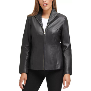 Veste moto en cuir véritable pour femme, manches longues, fermeture éclair, col montant, couleur unie, vêtement d'hiver - Product Image 1