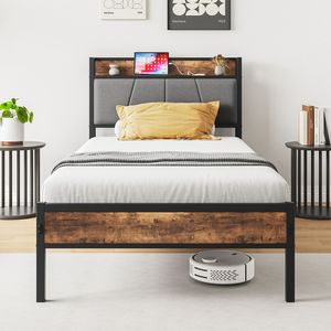 Twin Size <b>Bed</b> Frame with Storage Headboard Up-Holstered & Charging Station Solid & Stable No Box Spring Needed <b>Easy</b> Assembly - Product Image 1