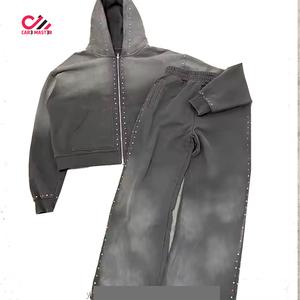 CARE MASTER Survêtement à capuche effet délavé, fermeture éclair intégrale, strass, streetwear, coupe ample, pour l'automne, couleur unie, taille adulte - Product Image 2
