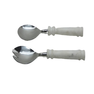 Stylish Designer Handmade Customised Marble Stone & Stainless Steel Made White Colour Salad <b>Server</b> 12 Inches - Product Image 1