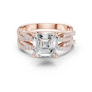 Anillo de lujo de oro rosa de 14 quilates con diamante de laboratorio de corte Asscher engastado en punta, banda doble retorcida con pavé, joyería de boda para mujer - Product Image 1
