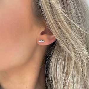 Lab Grown Diamond Bar Stud <b>Earring</b> <b>Post</b> With Push Back Minimalist Small Vertical 3 Stone Everyday Wear Studs 14K 18K Solid Gold - Product Image 2