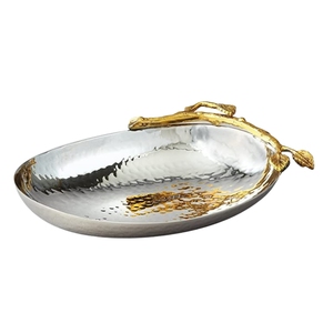 Cuenco de Servir Moderno Personalizado de Acero Inoxidable Martillado con Asa Decorativa de Rama Dorada, Plato Ovalado de Metal para Frutas, Adorno de Mesa - Product Image 1
