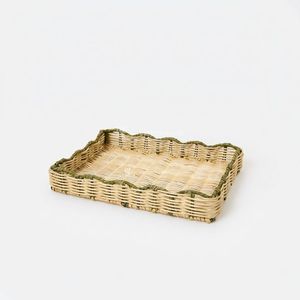 Green Scalloped Rattan Storage Tray with Scalloped Edge, Minimalist Design for <b>Table</b> Organization Unfinished Single Tier - Product Image 1