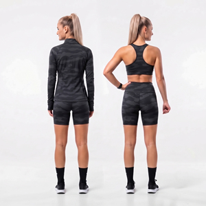 Wholesale Women 3 Piece <b>Yoga</b> Set Camouflage Athletic 3 Piece Activewear Long Sleeve Training <b>Jacket</b> Biker Compression Shorts Set - Product Image 2
