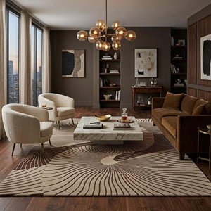Hand Tufted Modern Abstract Spiral Wool Area Rug Beige Brown Designer Carpet Luxury Living Room Bedroom Home Decor - Product Image 1