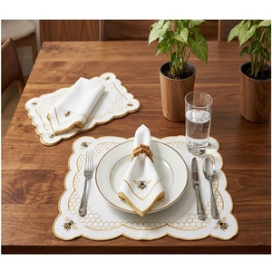 Custom Classic Luxury Washable Embroidery Bee Hives Placemats Napkins Sets Yellow Scallop Border 100% Cotton <b>Mats</b> for Home - Product Image 3