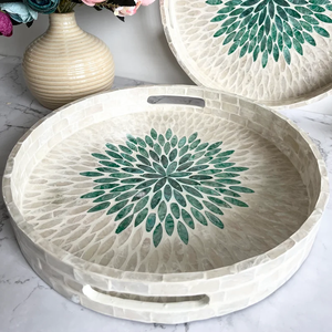 Plateau décoratif rond en nacre avec incrustations, motif floral vert par blossom craft - Product Image 5
