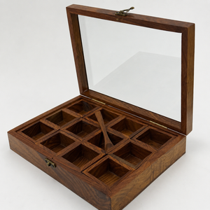 Luxury Wooden <b>Spice</b> <b>Box</b> with Brass Inlay | Handcrafted Masala Dabba Organizer with Glass Lid | Premium Kitchen Storage Case - Product Image 2