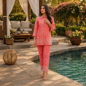 Women's Coral Embroidered Cotton Set <b>Three</b> <b>Quarter</b> Sleeve Full Length <b>Pants</b> Casual Spring Summer Wear - Product Image 3