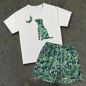 Ensemble T-shirt blanc en coton respirant à col en V pour homme avec imprimé uni et short camouflage assorti – Tenue décontractée streetwear d'été - Product Image 6