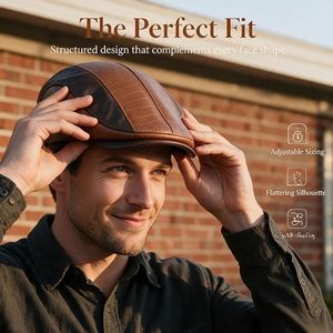 Casquette plate en cuir PU marron de qualité supérieure avec motif crocodile gaufré, surpiqûres contrastées, style vintage pour homme, tenue décontractée - Product Image 3
