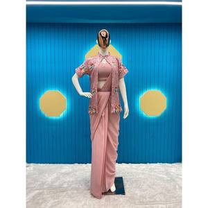 Sari listo para usar para mujer con trabajo de bordado para ropa de fiesta - Product Image 1