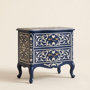 Mesita de Noche Azul Marino Moderna y Lujosa Hecha a Mano con 2 Cajones, Mesa Auxiliar con Incrustaciones de Hueso, Muebles Ecológicos para Dormitorio - Product Image 1