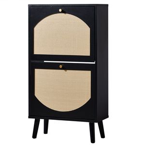 Scarpiera Nera con Superficie in Rattan, 2 Contenitori Ribaltabili, Design ad Arco con Gambe Alte, 54x24x98cm, Struttura in Truciolato, Rattan Sintetico - Product Image 6