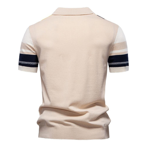 เสื้อโปโลถักลายทางแขนสั้นทรงลำลองสไตล์สตรีทแวร์ สีเบจ กรมท่า ขาว สำหรับผู้ชาย ผลิตขายส่ง - Product Image 2