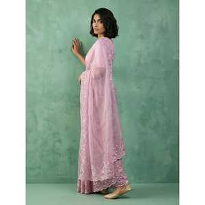 Sari en soie Chanda pure fait main avec broderie florale, travail Schiffli Resham Zari, bordure ajourée, imprimé floral, tissu en mousseline - Product Image 2