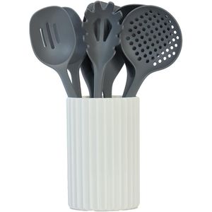 Set di 8 utensili da cucina in nylon antiaderente con porta utensili, composto da schiumarola, paletta per spaghetti, spatola, mestolo e altri utensili. - Product Image 1