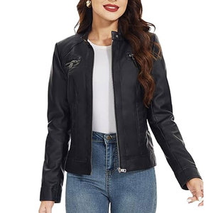 Chaqueta de Moto de Cuero PU para Mujer, Cuello Alto, Cierre de Cremallera, Manga Larga, Estilo Otoñal, Resistente al Viento, Largo Regular - Product Image 4