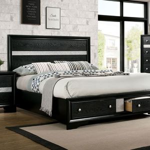Contemporary Queen Size Solid Wood <b>Bed</b> with <b>Storage</b> 1pc <b>Black</b> Bedroom Furniture - Product Image 2