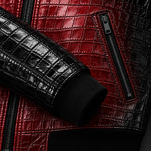 Veste en cuir pour homme à motif crocodile, rouge et noir, col chemise, coupe ajustée, en cuir véritable, vente en gros, OEM personnalisé - Product Image 3